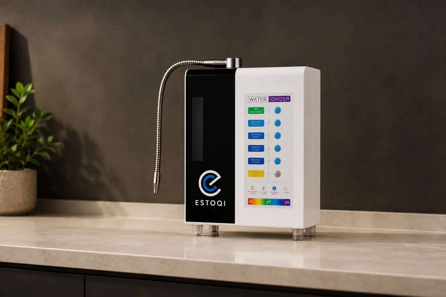 A laboratory electrolysis cell with titanium plates inside, ports for water in and out.